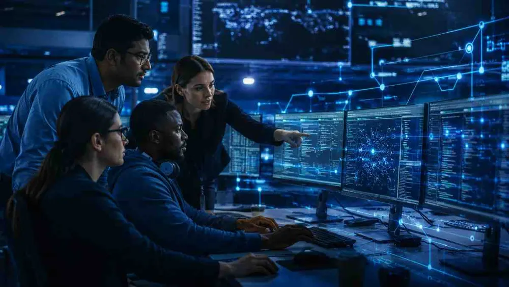 Team working with AI and cloud technology overlays