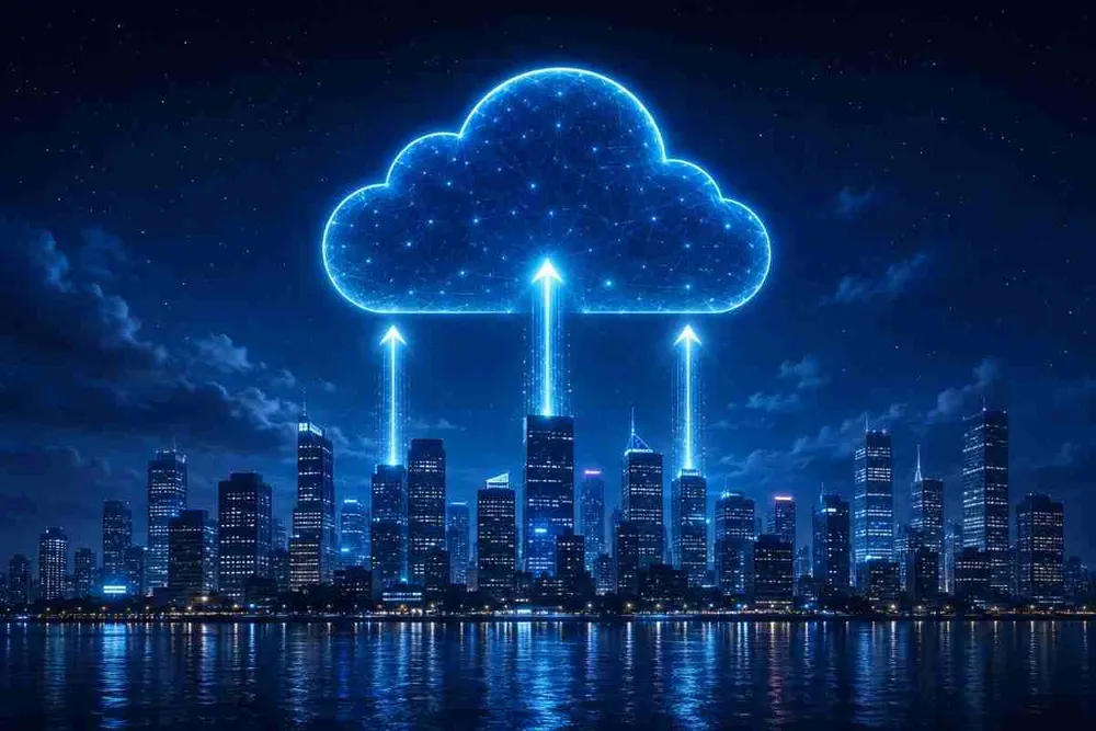 City skyline with a glowing cloud icon and upward arrows representing cloud migration