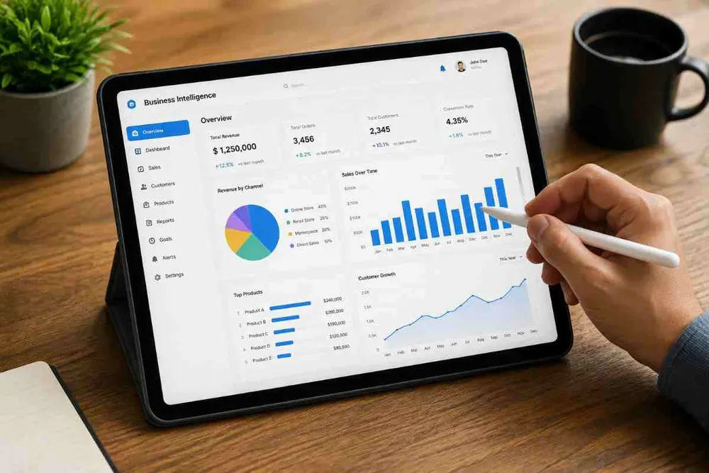 Hand using a stylus on a tablet showing a business intelligence dashboard