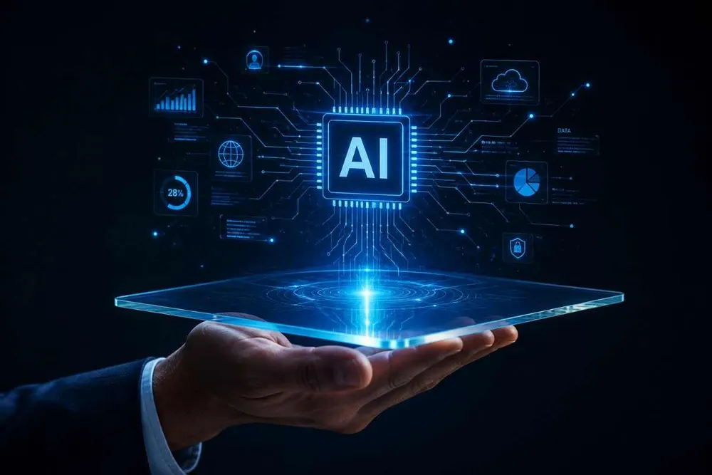 Hand interacting with a holographic AI and cloud security interface