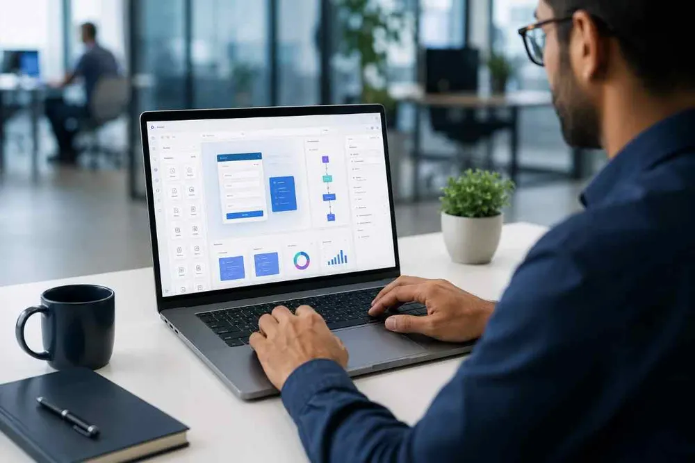 Laptop with a workflow dashboard open on a desk