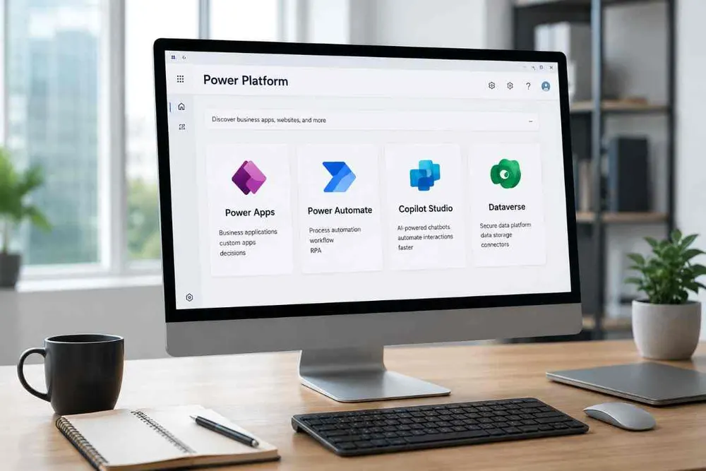 Desktop monitor showing the Power Platform with Power Apps, Power Automate, Copilot Studio, and Dataverse
