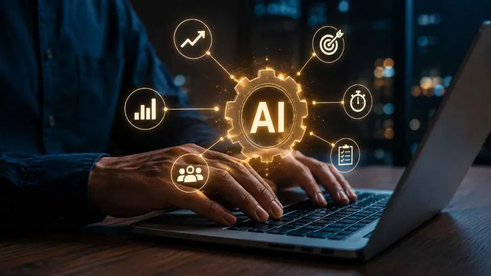 Hand typing on a laptop with an AI gear graphic overlay