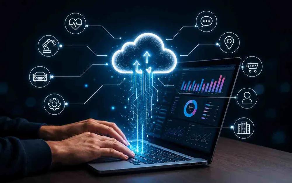 Cloud and network icons overlaid on a laptop showing analytics charts