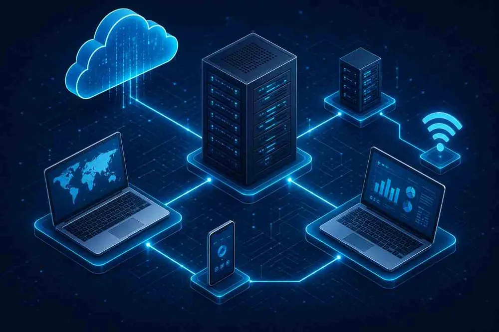 Isometric illustration of connected cloud servers and devices representing enterprise systems