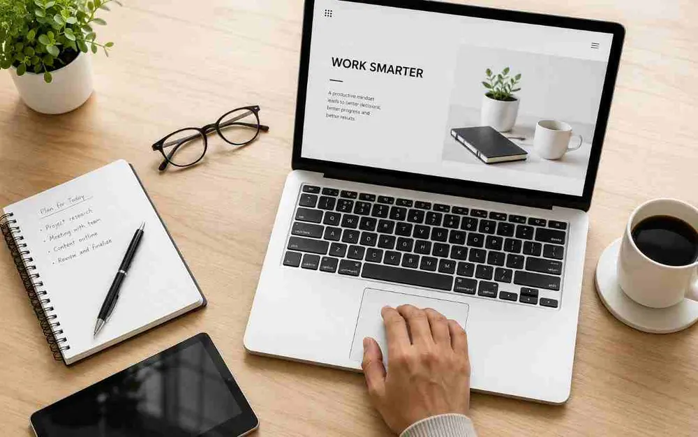 Desk with laptop, tablet, and notebook representing focused product design