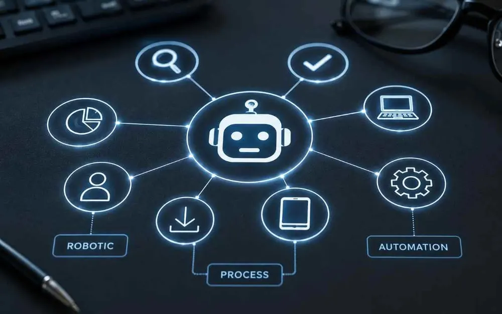 Robotic process automation diagram with connected workflow icons
