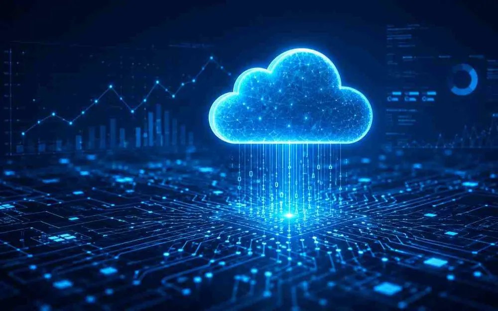 Glowing cloud icon over a circuit board representing cloud infrastructure