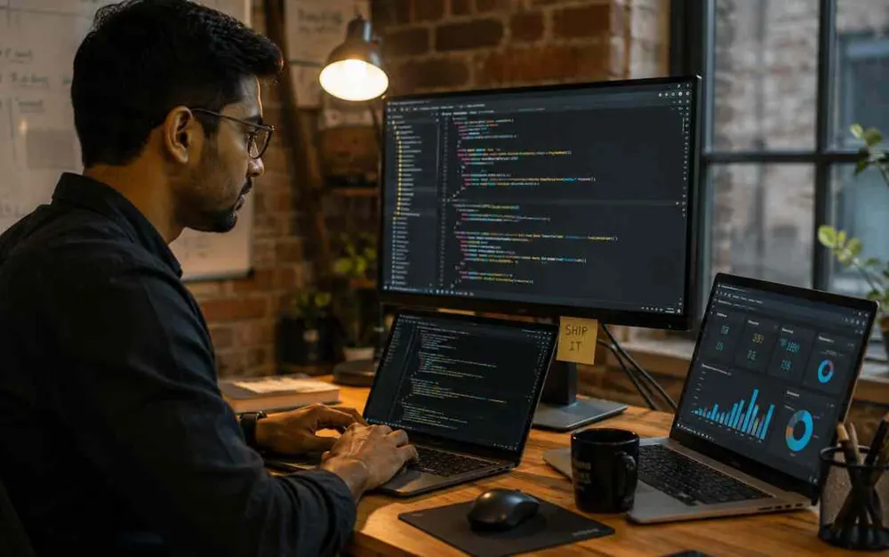 Developer working across multiple monitors on custom software