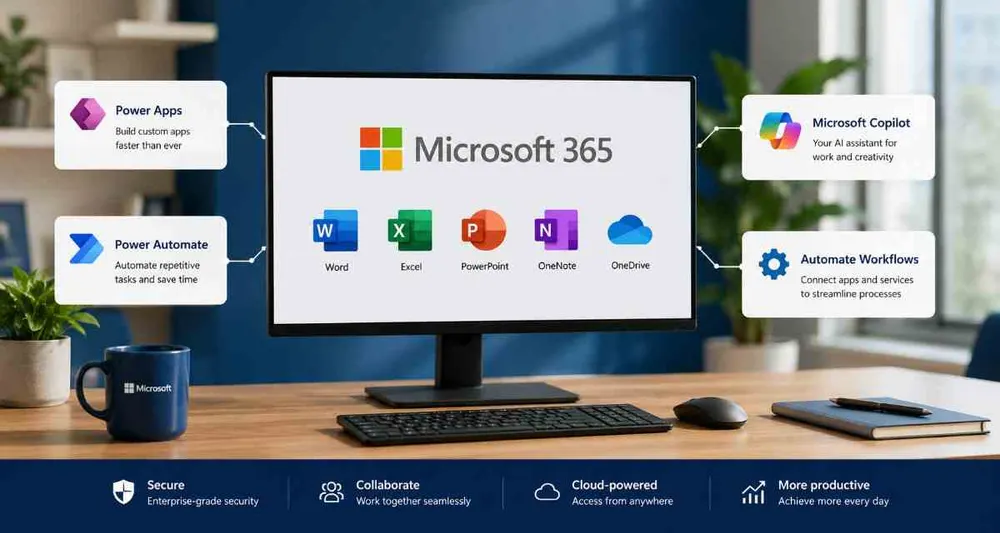 Desktop monitor showing Microsoft 365 apps with Power Apps, Power Automate, and Copilot