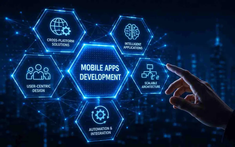 Mobile app development concept with connected icons